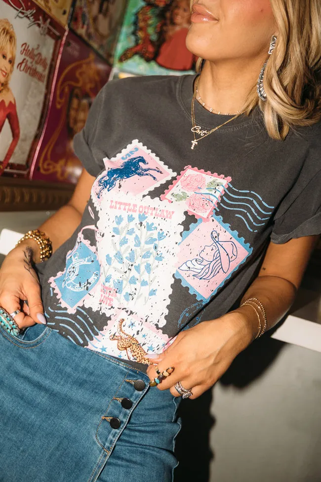 Outlaw Stamp Collection Dark Grey Graphic Tee Just Classically Cassidy X Pink Lily Chic Jacket