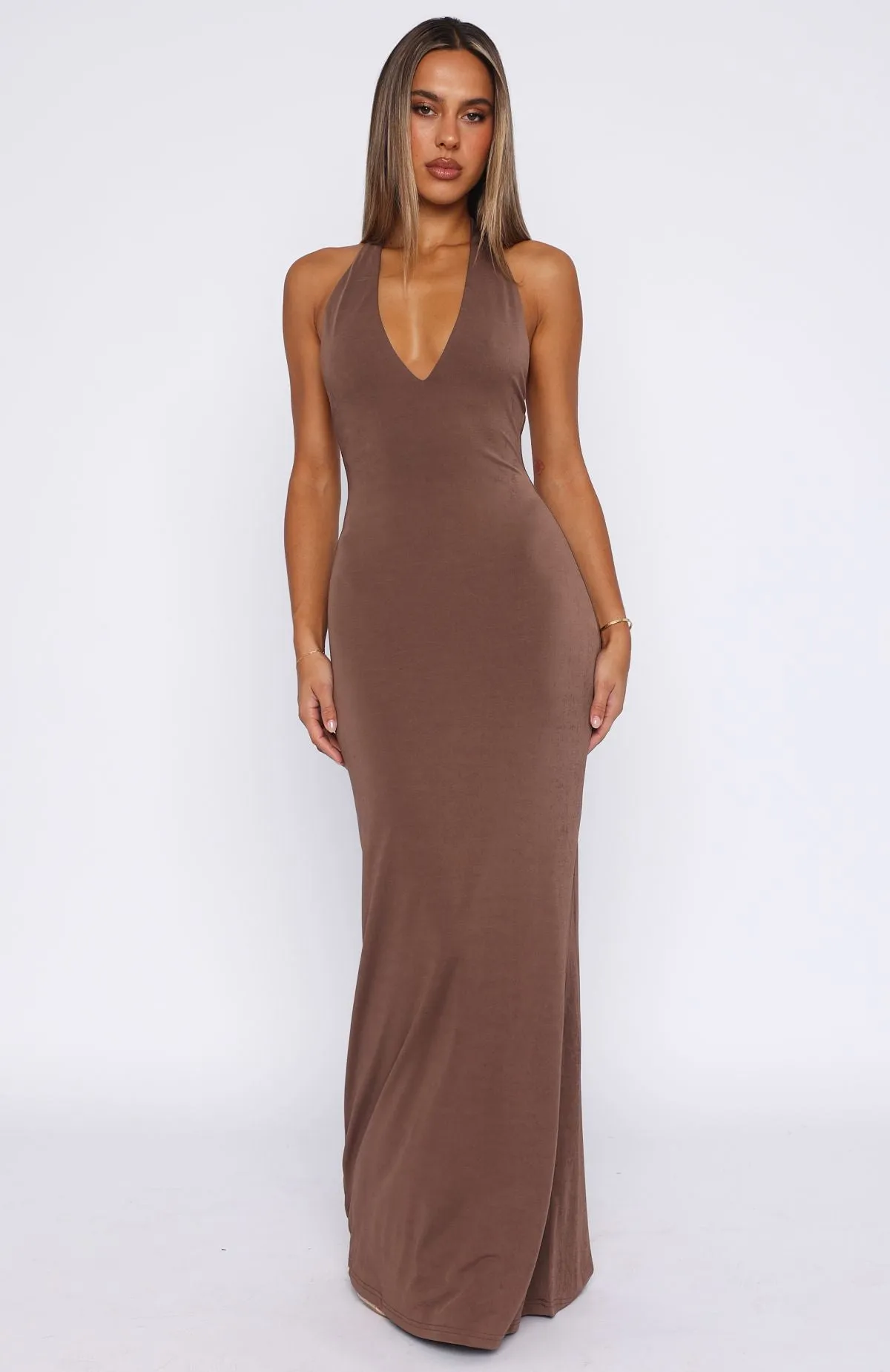 Delicate Mood Velvet-Edge Written In The Stars Halter Maxi Dress Chocolate