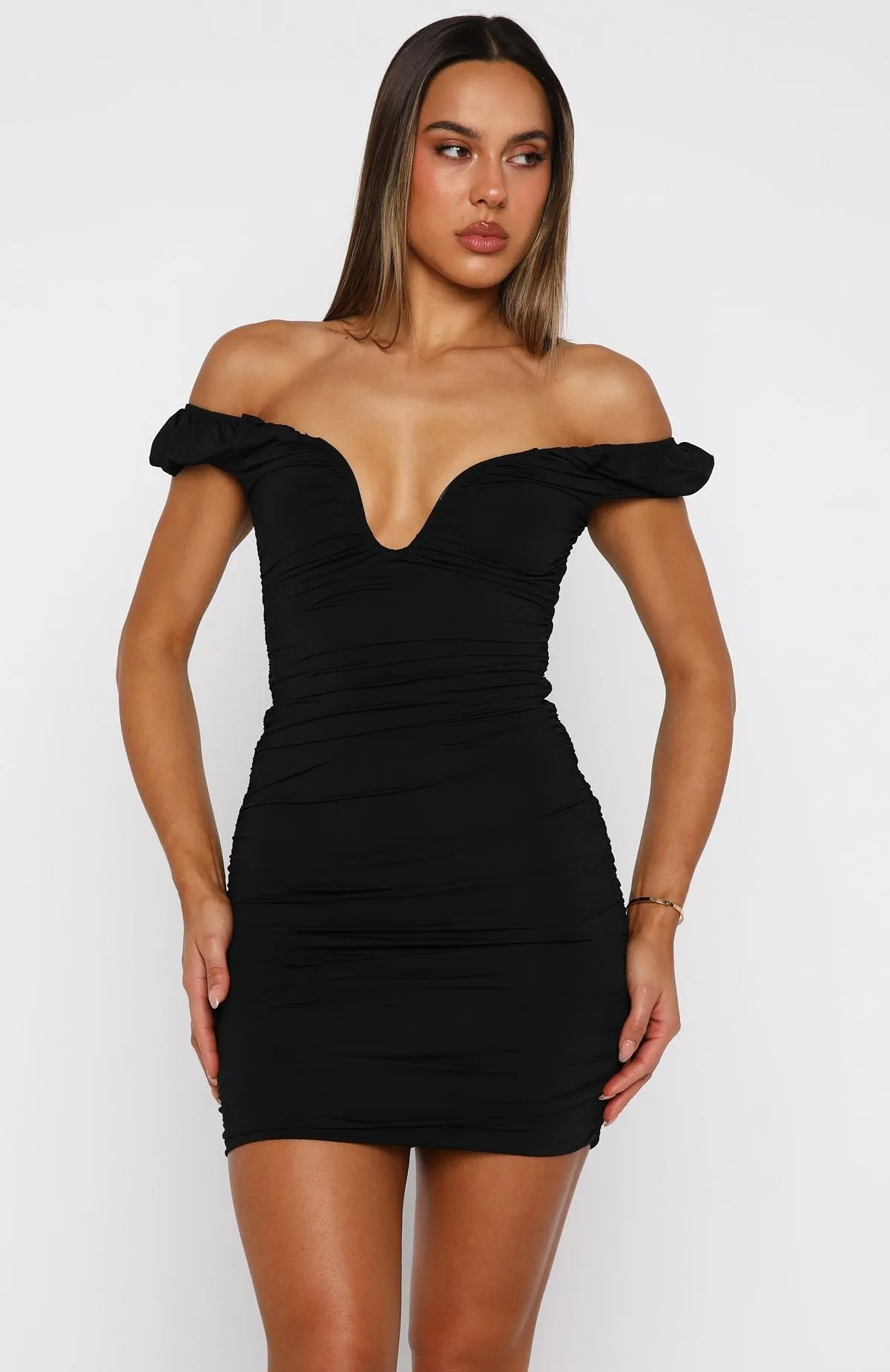 Comfortable Shape Flowing Lines Wrongs And Rights Off Shoulder Mini Dress Black