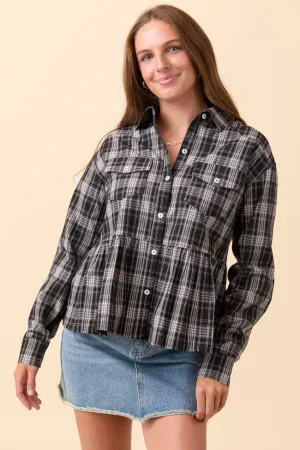 Soft Fabric EcoFriendlyTextile Yara Black Plaid Peplum Top SALE