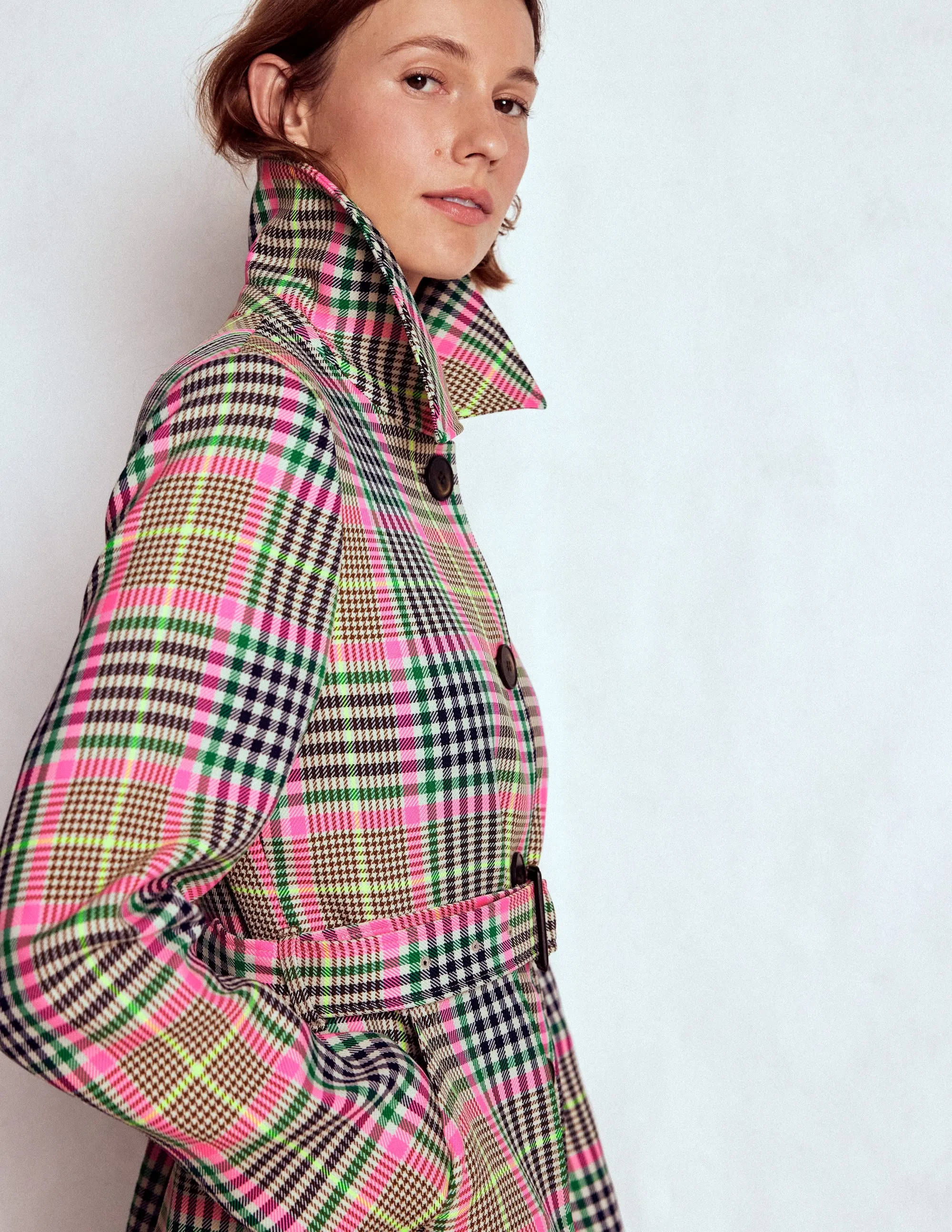 RipResistant Reinforcement Lancaster Belted Mac-Brown, Neon Pink Check