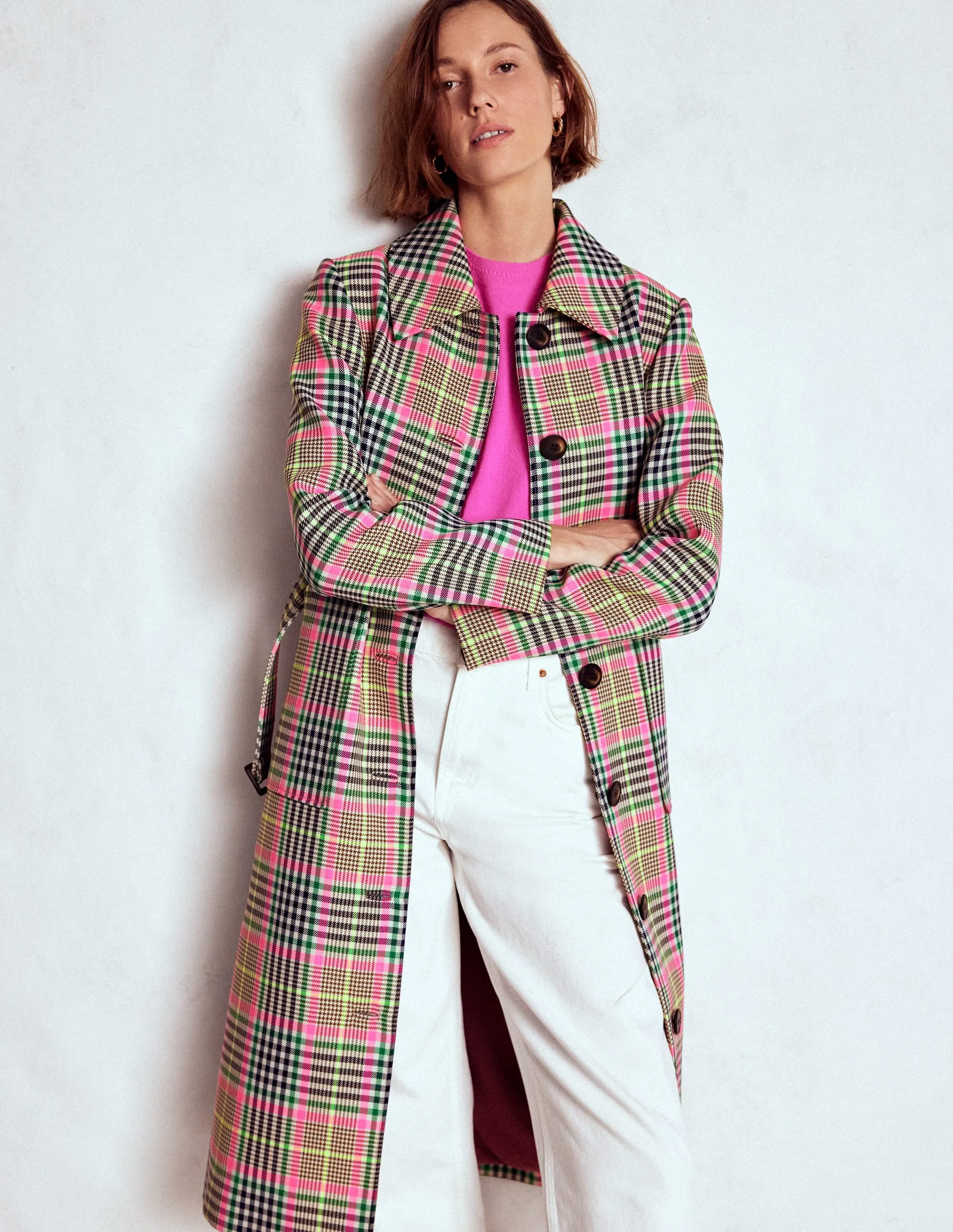 Lancaster Belted Mac-Brown, Neon Pink Check Flexible Fit Wear Ergonomic Cut