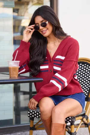 Zia Red Multi Stripe Varsity Cardigan Thermal Insulation Layer